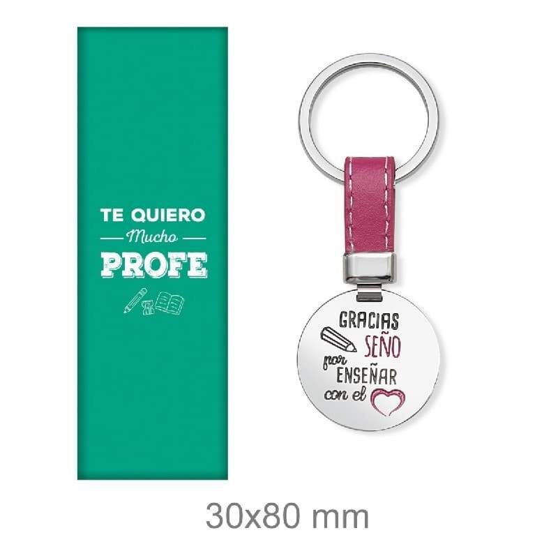 Llavero Profe Acero y Piel Rosa