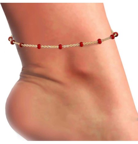 Tobillera Bolitas Rojas Plata Ley Bañada en Oro