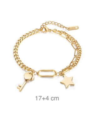 Pulsera Acero Dorado Estrella y Llave con Corazón