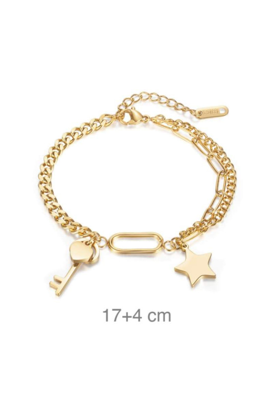 Pulsera Acero Dorado Estrella y Llave con Corazón