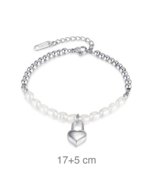 Pulsera Acero y Perlas con Candado Corazón