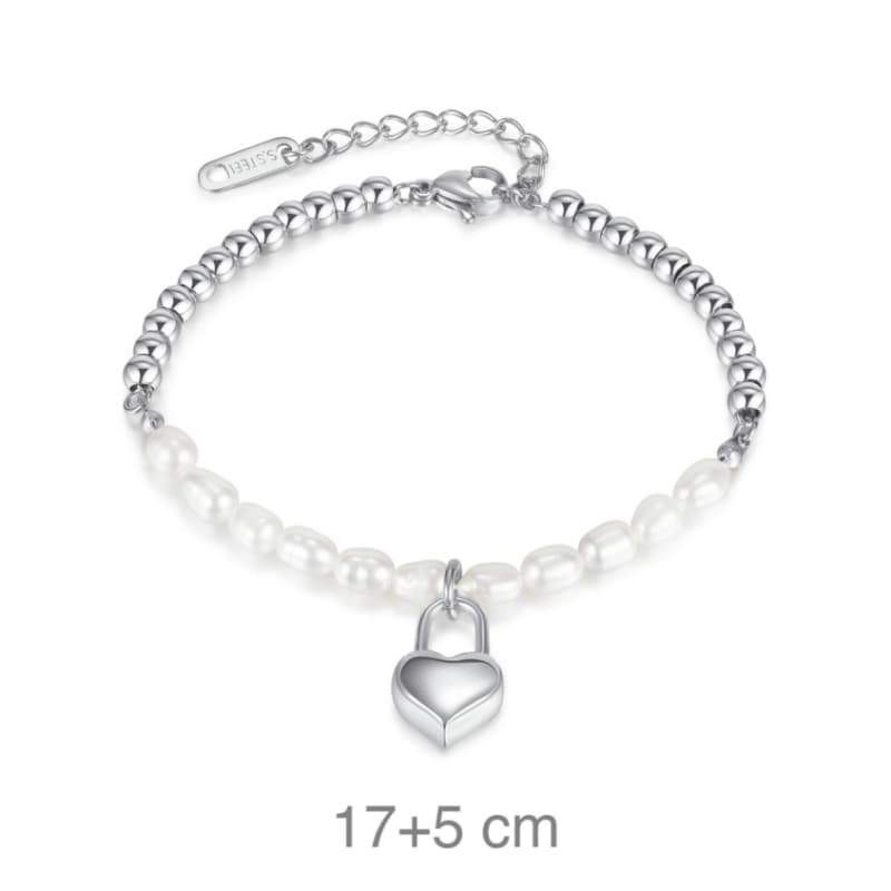 Pulsera Acero y Perlas con Candado Corazón