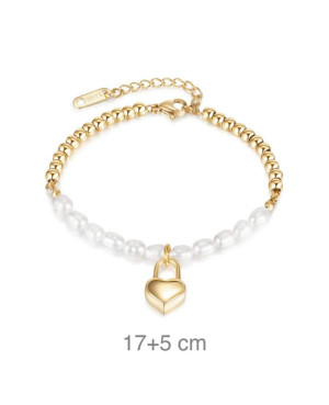 Pulsera Acero Dorado y Perlas con Candado Corazón