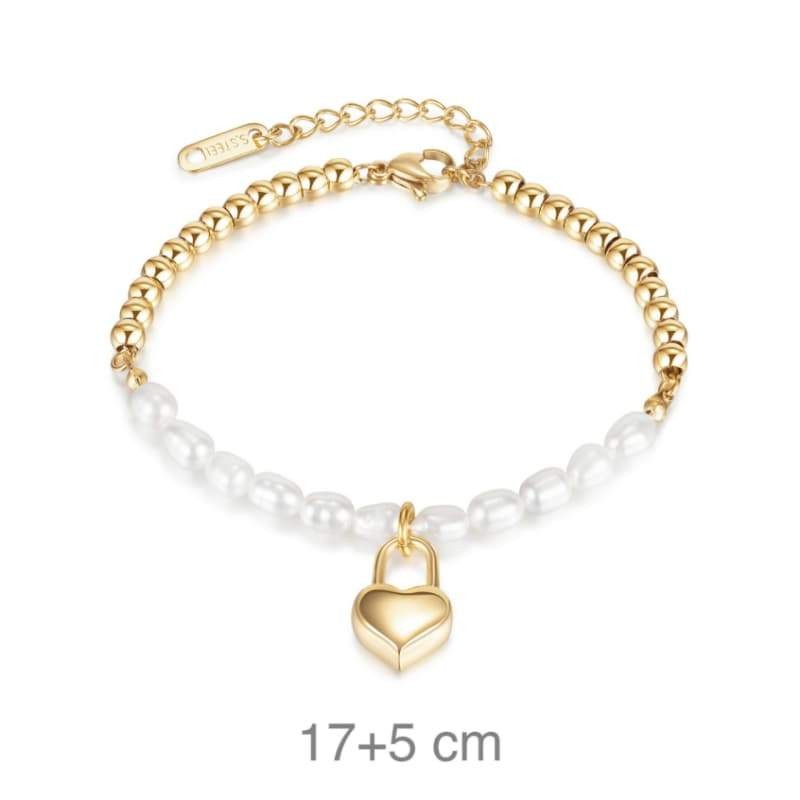 Pulsera Acero Dorado y Perlas con Candado Corazón