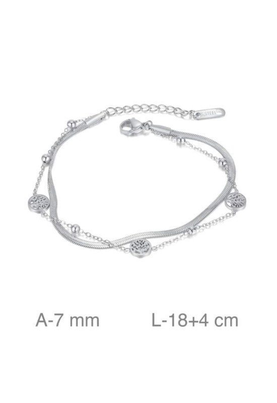 Pulsera Acero Doble con Arboles de la Vida y Bolitas