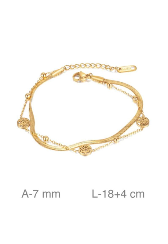 Pulsera Doble de Acero Dorado con Arboles de la Vida y Bolitas