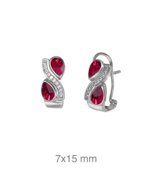 Pendientes Omega con Circonitas y Lagrimas color Rubí de Plata Ley