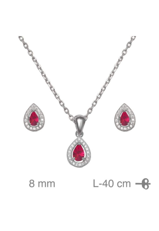 Conjunto Pendientes y Collar con Circonitas color Rubí en Plata Ley
