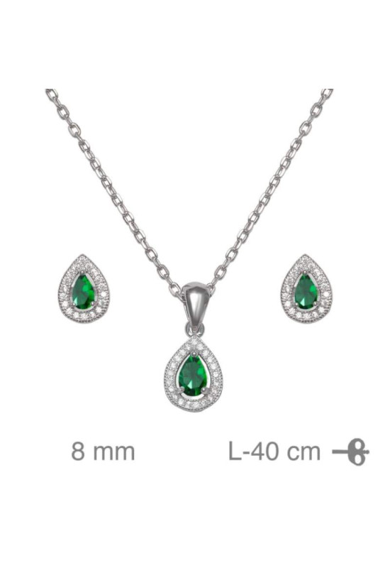 Conjunto Pendientes y Collar con Circonitas color Esmeralda en Plata Ley