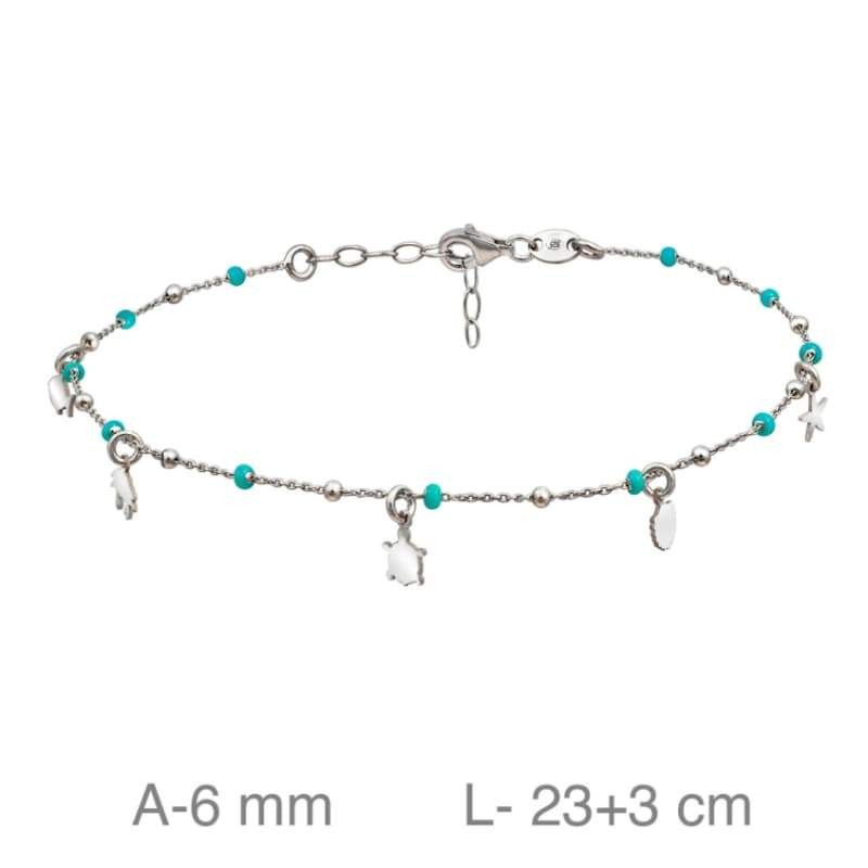 Tobillera con Bolas Color Turquesa y Charms de Plata Ley
