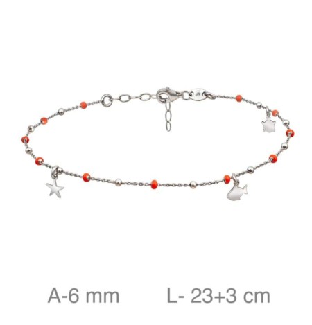 Tobillera con Bolas Color Coral y Charms de Plata Ley