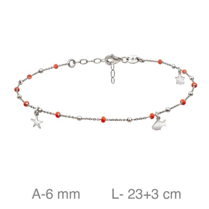Tobillera con Bolas Color Coral y Charms de Plata Ley