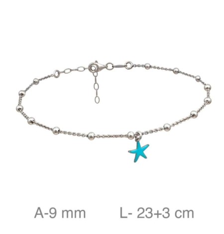 Tobillera con Bolitas y Estrella Esmaltada en Azul de Plata Ley