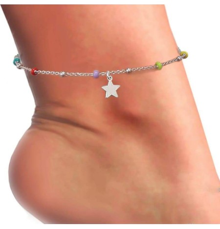 Tobillera con Bolitas de Colores y Estrella Plata Ley